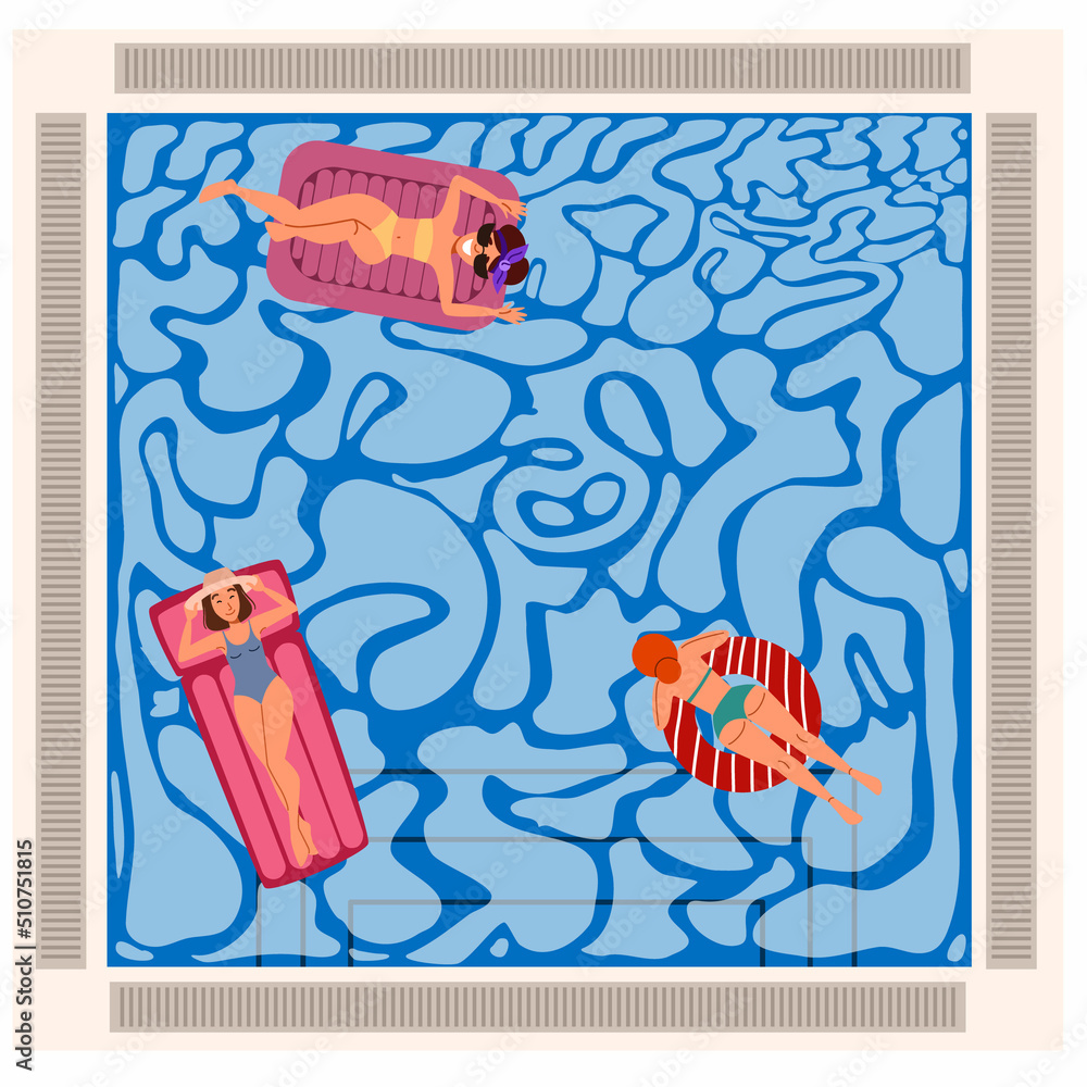 People floating on inflatable mattresses, top view. Women are relaxing in the pool. Vector illustration in a flat style.