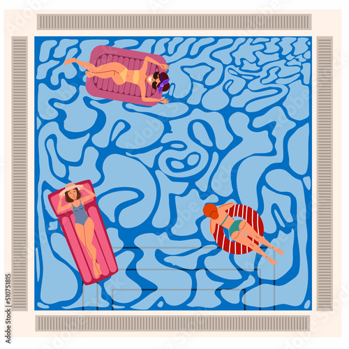 People floating on inflatable mattresses, top view. Women are relaxing in the pool. Vector illustration in a flat style.