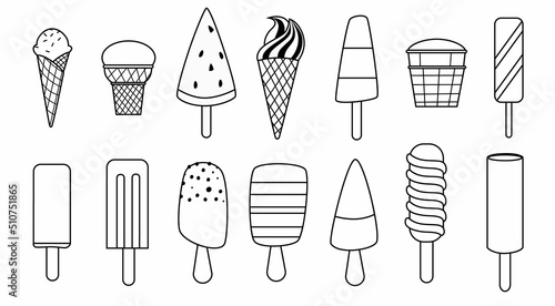 A set of delicious ice cream. A sweet summer treat with different flavors, buildable ice cream cones and popsicles with different toppings. Vector illustration in doodle style.