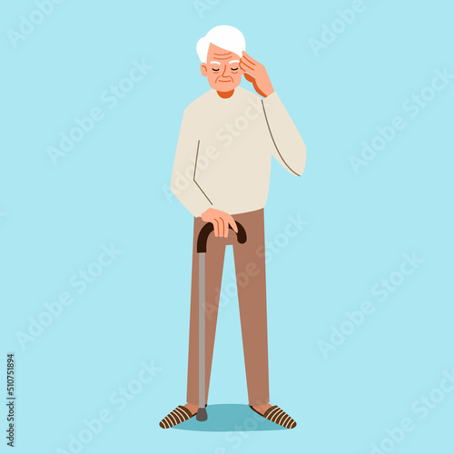 Grandpa with a cane thinks, tries to remember. An elderly character with Alzheimers disease. Vector illustration in a flat style.