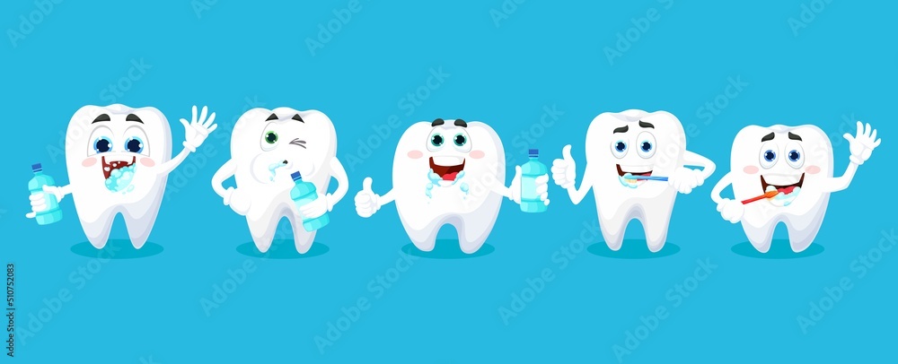 Cartoon tooth characters with mouthrinse or mouthwash, toothbrush and toothpaste, kids dental care. Cartoon vector teeth for dentist clinic and dentistry, mouth rinse or mouthwash and clean teeth