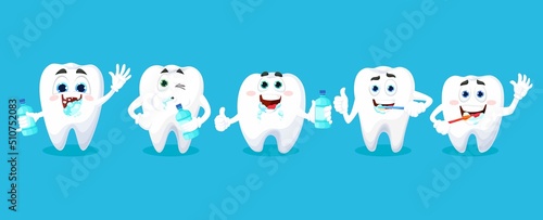Fototapeta Naklejka Na Ścianę i Meble -  Cartoon tooth characters with mouthrinse or mouthwash, toothbrush and toothpaste, kids dental care. Cartoon vector teeth for dentist clinic and dentistry, mouth rinse or mouthwash and clean teeth