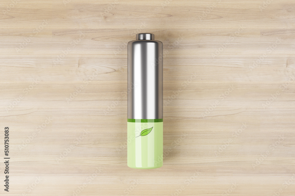 Green energy and green technology concept with front view on green leaf printed on silver battery on light wooden background. 3D rendering Green energy and green technology concept with front view on green leaf printed on silver battery on light wooden background. 3D rendering
