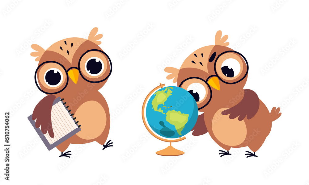 Cute Owl in Glasses Watching Earth Globe and Carrying Calendar Vector Set Cute Owl in Glasses Watching Earth Globe and Carrying Calendar Vector Set