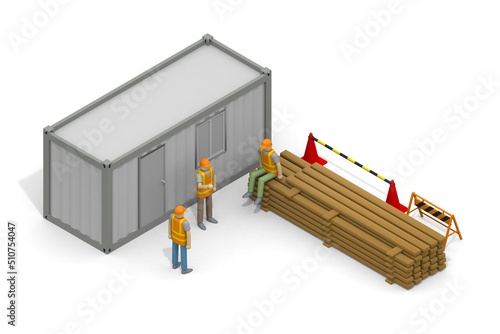 People working at construction sites. Workers taking a break at the construction site. Men's chat. Rest area and construction materials.