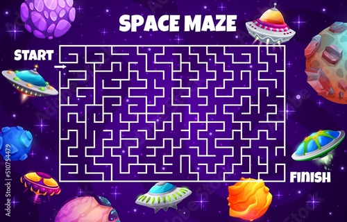 Space labyrinth maze, help UFO saucer to find planet, vector cartoon worksheet. Kids escape puzzle or labyrinth maze riddle to search and find way in fantasy galaxy with alien galaxy spacecrafts