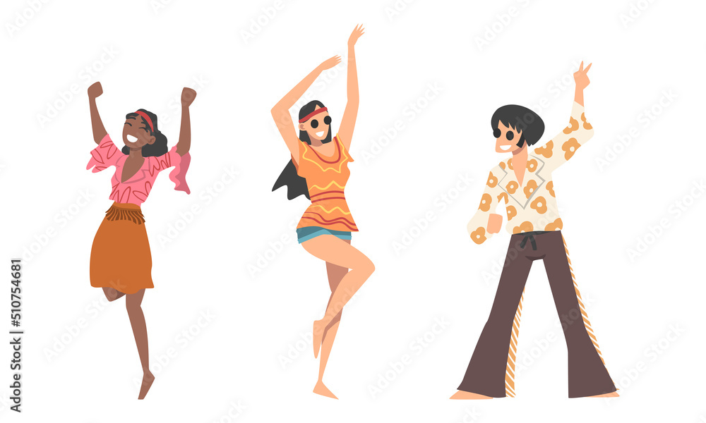 Fototapeta premium Hippie People Character Wearing Retro Style Clothing Performing Dancing Movement Vector Set