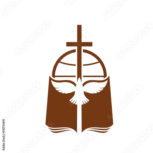 Christian religion icon of cross, bible and dove, vector catholic or orthodox symbol. Christian community or parish church religious sign of Christianity crucifix cross and holy bible