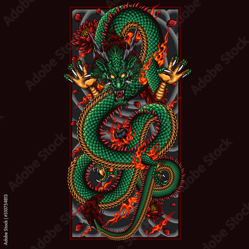 flying dragon chasing fireball vector illustration