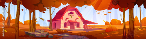 Autumn forest with stone farm house on glade. Vector cartoon panoramic illustration of deep woods scene with forester hut with woodpile stack, road, orange grass and trees in fall