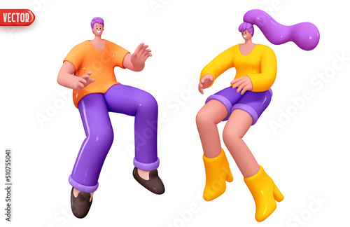 Cartoon stylish character man and girl. Couple of young people woman and man. Set of happy people positive emotions. Human happiness smile on face. realistic 3d design. vector illustration