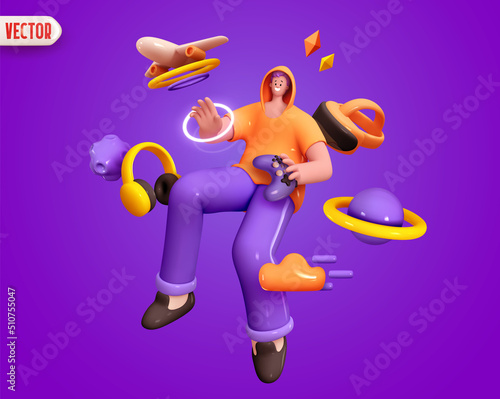 Virtual reality Man Gamer hands holding gaming console controller. Concept of cartoon style character in metaverse. Happy people positive emotions. Human happiness smile on face. vector illustration