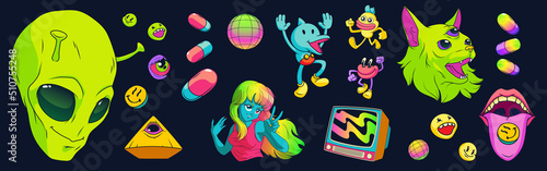 Psychedelic stickers with aliens, drugs and tv isolated on black background. Vector cartoon set of retro hippie icons of blue girl, cat with three eyes, martian head and mouth with tongue
