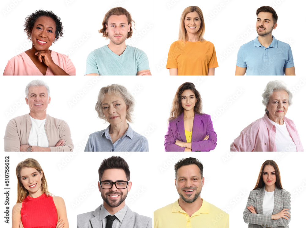 Collage with photos of happy attractive people on white background Collage with photos of happy attractive people on white background