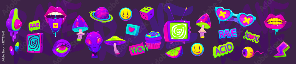 © klyaksun - Acid stickers with aliens, mushrooms and tv. Psychedelic, rave design of 60s and 70s. Vector cartoon set of weird and crazy hippie icons eyes, martian head, mouth and drugs © klyaksun - Acid stickers with aliens, mushrooms and tv. Psychedelic, rave design of 60s and 70s. Vector cartoon set of weird and crazy hippie icons eyes, martian head, mouth and drugs