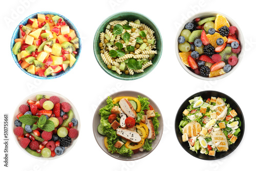 Set with different tasty salads on white background, top view