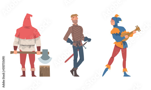 Medieval Executor or Headman with Sharp Axe and Jester Playing Lute Vector Illustration Set