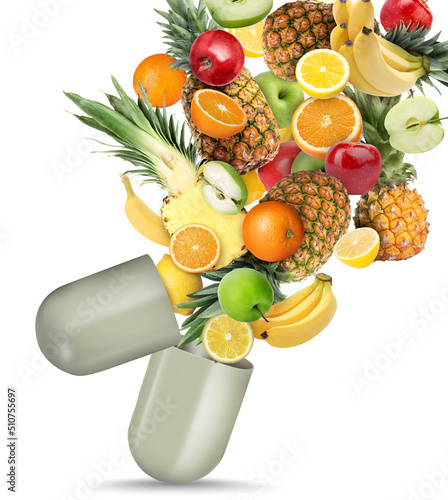Dietary supplements. Capsule and different fresh fruits flying on white background