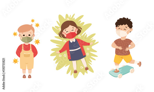 Happy Boy and Girl Wearing Face Mask as New Normal Lifestyle Vector Illustration Set