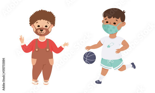 Happy Boy Wearing Face Mask as New Normal Lifestyle Playing Ball Vector Illustration Set