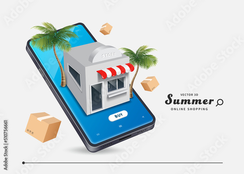 Store and coconut tree place on smartphone screen and parcel boxes floating around in the air,vector 3d isolated for online shopping and delivery summer sale advertising concept design