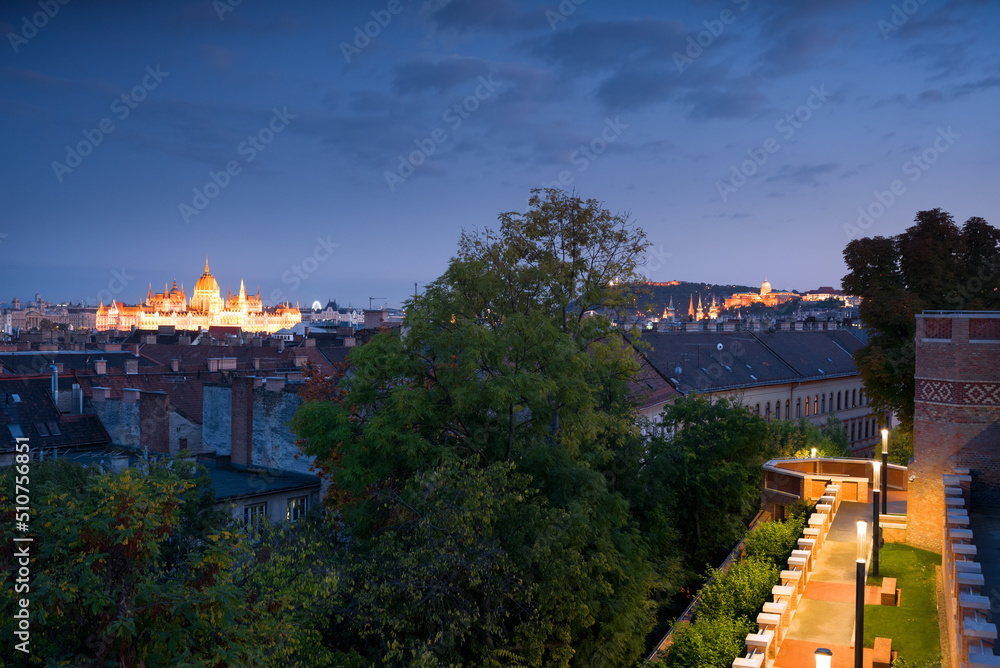 Budapest night view from Gül Baba mausoleum