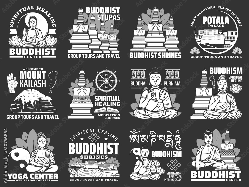 Buddhism religion isolated vector icons with Buddha, Buddhist temple and shrine stupas. Yin yang, lotus, dharma wheel and endless knot, mount Kailash and Potala palace fortress monochrome symbols