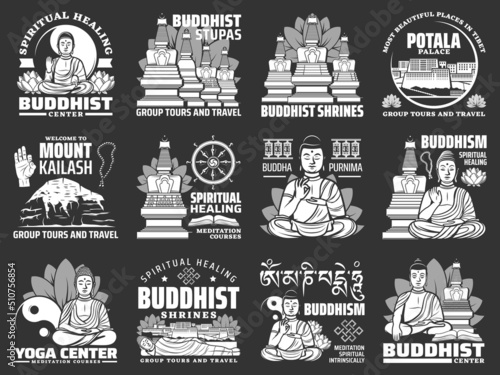 Buddhism religion isolated vector icons with Buddha, Buddhist temple and shrine stupas. Yin yang, lotus, dharma wheel and endless knot, mount Kailash and Potala palace fortress monochrome symbols