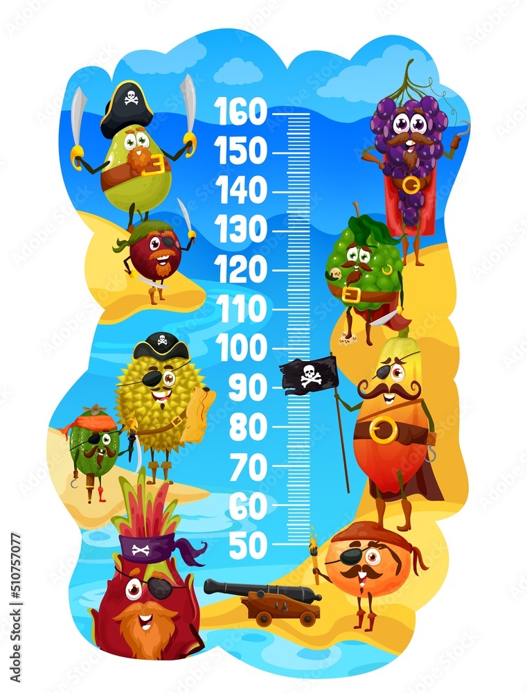 Naklejka premium Kids height chart cartoon fruit pirates and corsairs growth meter. Vector wall sticker with orange, plum, papaya and bergamot with grapes or dragon fruit with durian, pear or feijoa funny characters