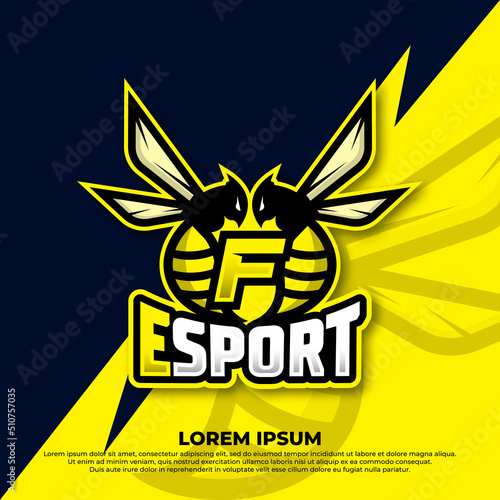 Bee letter F logo design, Hornet bee mascot esport logo design, Angry bee esport mascot logo icon.