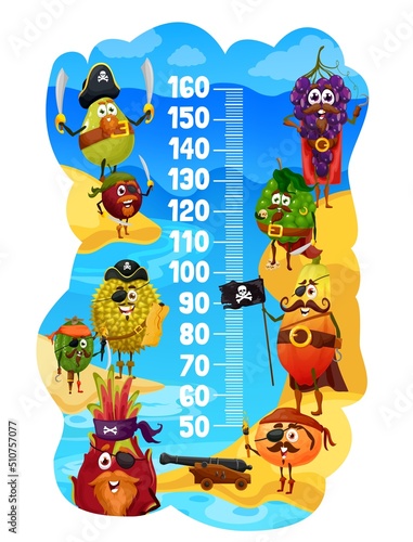 Kids height chart cartoon fruit pirates and corsairs growth meter. Vector wall sticker with orange, plum, papaya and bergamot with grapes or dragon fruit with durian, pear or feijoa funny characters