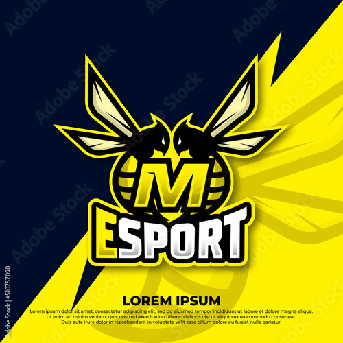 Bee letter M logo design, Hornet bee mascot esport logo design, Angry bee esport mascot logo icon.