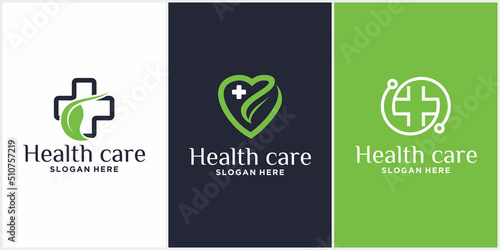 Health love logo set. Medical health logo design template with combination of leaves.