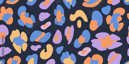 Leopard multicoloured seamless pattern. Animalistic print for fabric, paper. Vector hand-drawn background. 