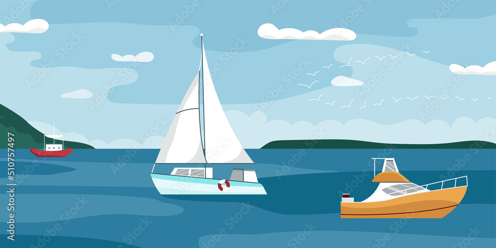 Naklejka premium Summer seascape with sail boats, ships floating in sea. Passenger sailboats, speedboats, yachts in ocean. Color flat vector illustration of beautiful harbor with sky horizon with clouds and birds