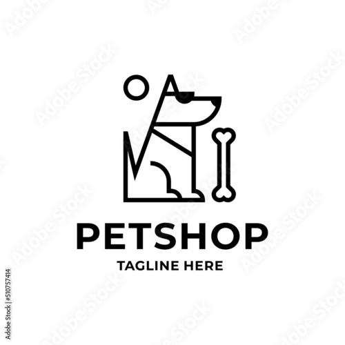 Line logo of a dog sitting with bone. Modern design for pet brand