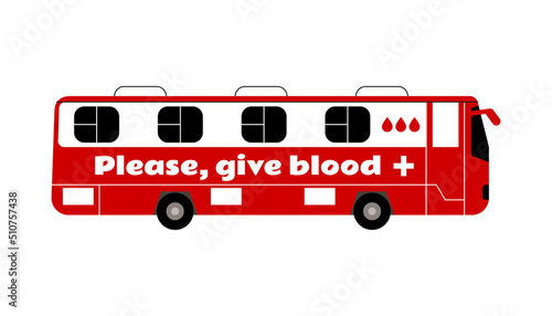 Mobile blood donation bus. Medical transport. Donorship, charity concept. Color flat vector ilustration isolated on white background