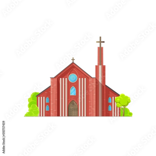Protestant church building icon. Christian denomination temple, congregation pray house cartoon vector building exterior, facade with brick walls, bell tower or spire with cross, stained glass window