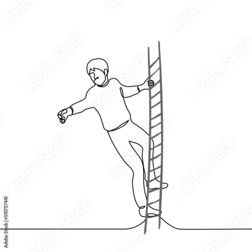 man on a rope ladder stretches out his hand - one line drawing vector. concept savior appeared out of nowhere, miraculous unexpected rescue