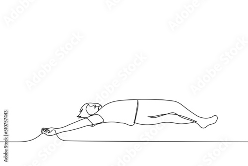 man lying on the floor - one line drawing vector. concept fatigue, fainting, loss of consciousness, dead person