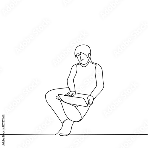 man sitting Turkish with laptop on his lap - one line drawing vector. concept internet surfing, work from home, social networks