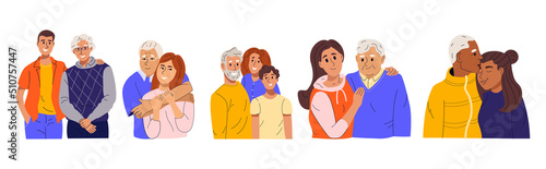 Adult children caring about old aged fathers set. Sons and daughters supporting, hugging with mature dads. Flat vector illustration isolated on white background