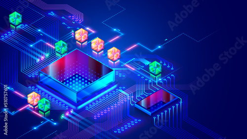 Abstraction concept of Quantum CPU. Electronic CHIP, components on print circuit board. Glass futuristic processor and hardware parts of computer on PCB. Electronic technology conceptual background.
