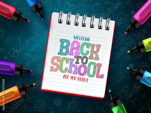 Back to school text vector design. Welcome back to school in colorful doodle text with color pen learning arts supplies. Vector Illustration.
