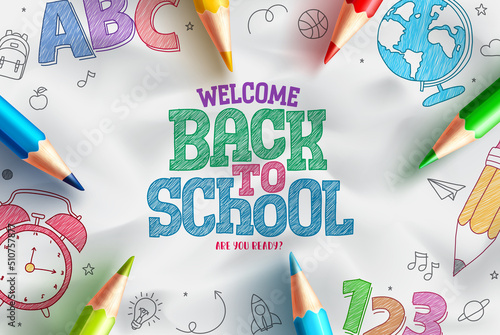 Back to school hand drawn vector design. Welcome back to school text with hand drawing education elements in white paper background. Vector Illustration.
