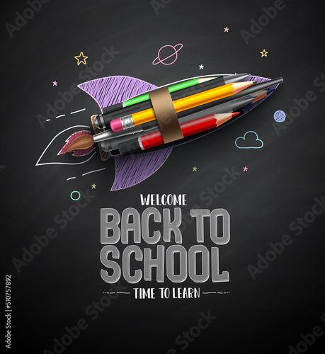 Welcome back to school vector design. Rocket ship launch made with learning arts supplies in blackboard background. Vector Illustration.