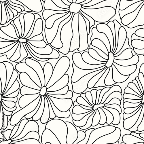 Abstract retro 70s background. Psychedelic vector seamless pattern. Groovy 60s fashion print. Vintage hippie floral illustration. Old school wavy line art wallpaper
