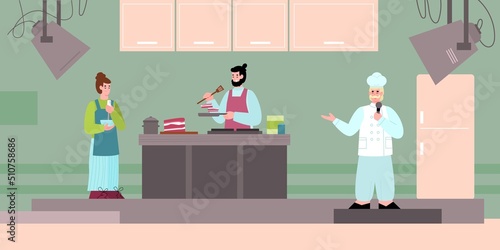 People cooking at filming studio with kitchen interior flat style, vector illustration