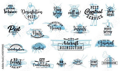 Pest control disinfection and extermination vector icons insects, bugs disinfection and deratization service. Sanitary pest control disinfestation and aerial pesticide disinsecion service signs