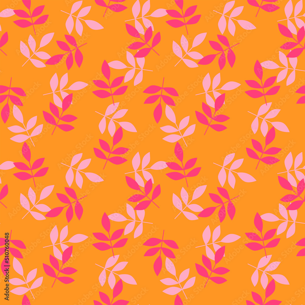 Obraz premium Modern trendy print with leaves and sprouts for fabric, paper, package, and ony surfaceVector botanical background. Colorful floral seamless pattern.